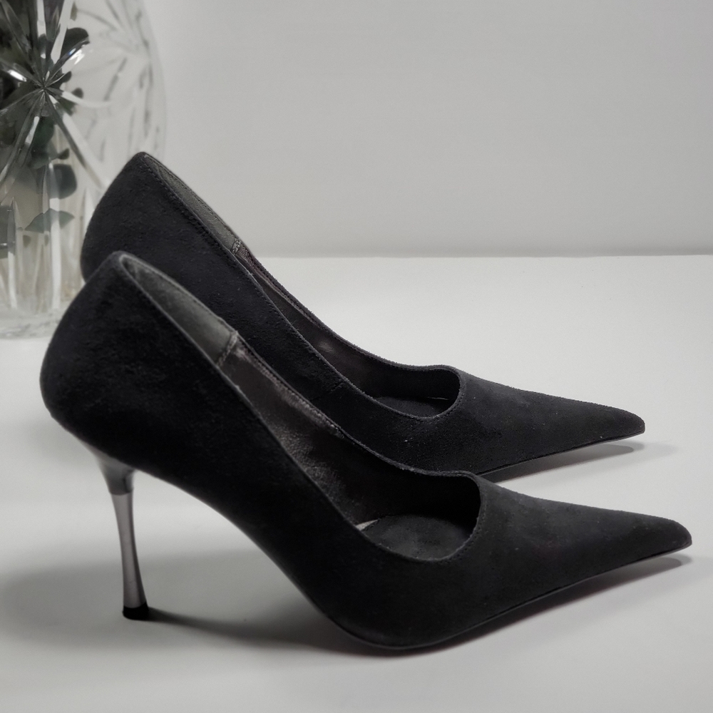 Black Suede Slip On Pointy Toe D’Orsay Heels